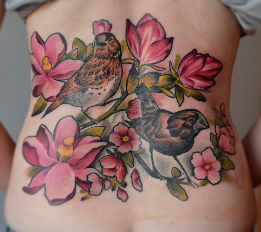 Floral Back Tattoo with Two Birds by Pete Zebley TattooNOW
